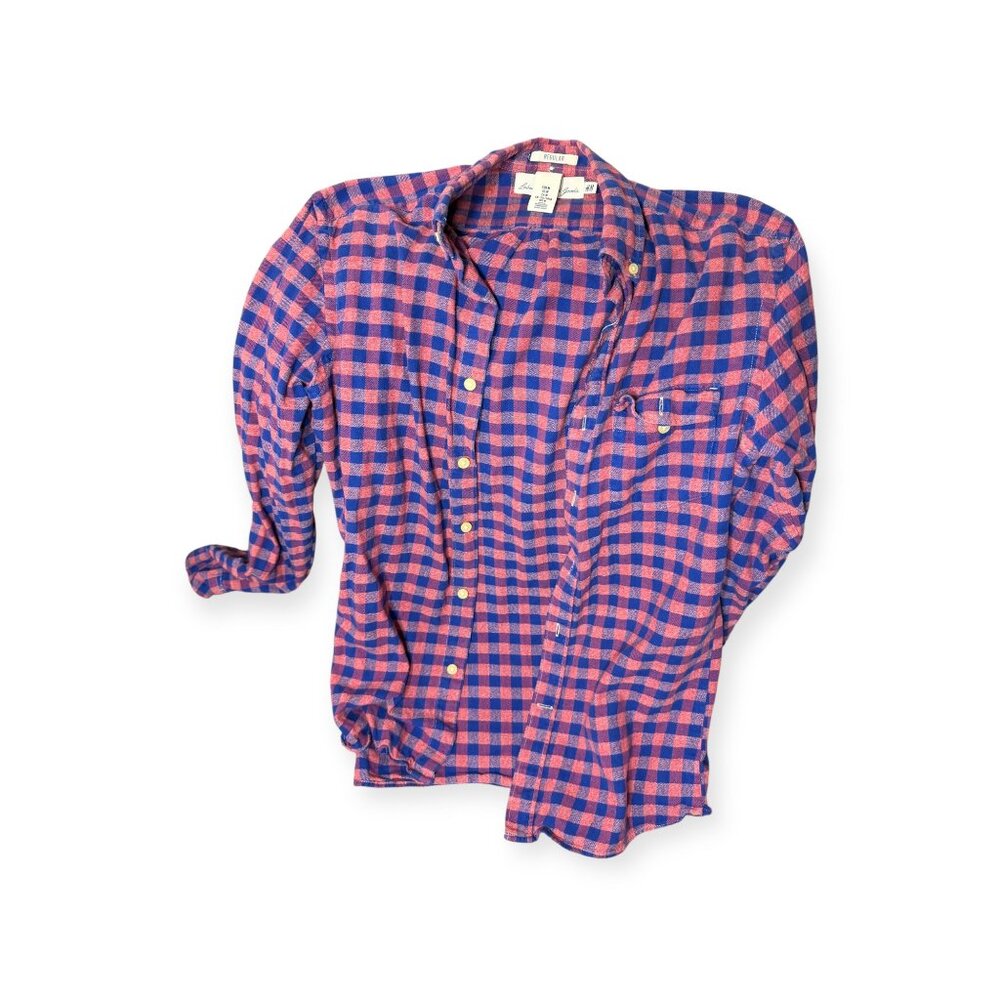 H&M L.O.G.G. Plaid Flannel Button‑Up Shirt – Red & Blue – Size M (Regular)